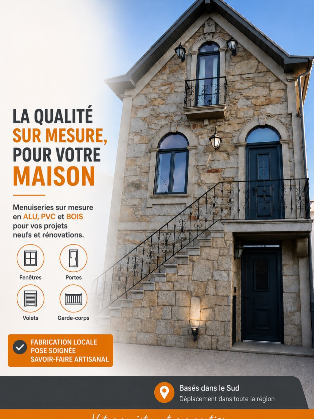 Fenêtres et porte d'entrée aluminium sur bâtisse en pierre